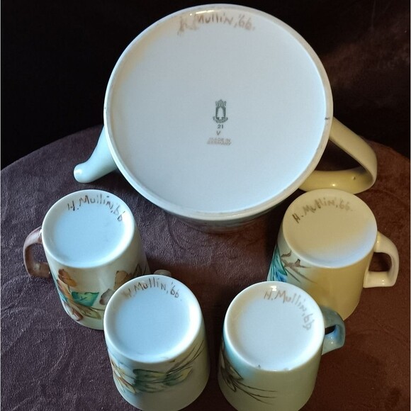 Vintage 1966 German Handpainted Porcelain Teapot & 4 Cups w/Matching Signatures - Picture 8 of 9
